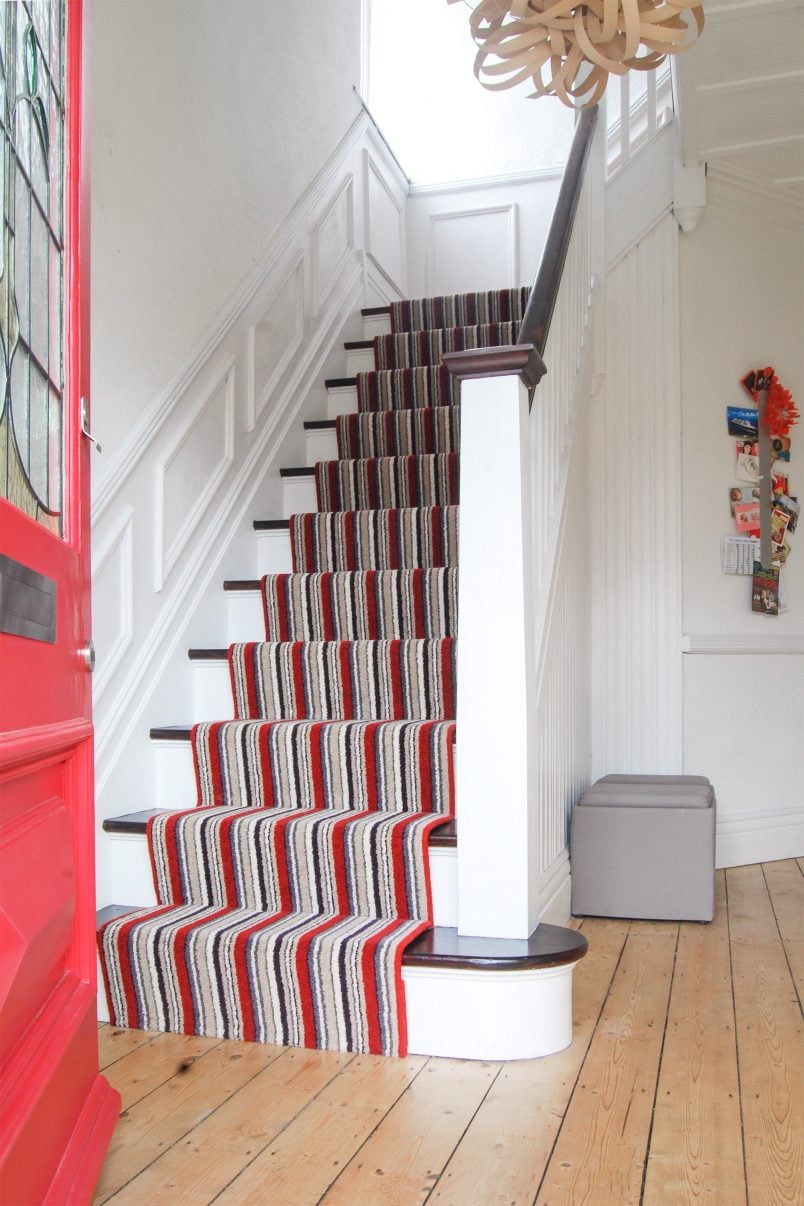 Staircase Stained Treads & White Risers with striped runner | Little House On The Corner