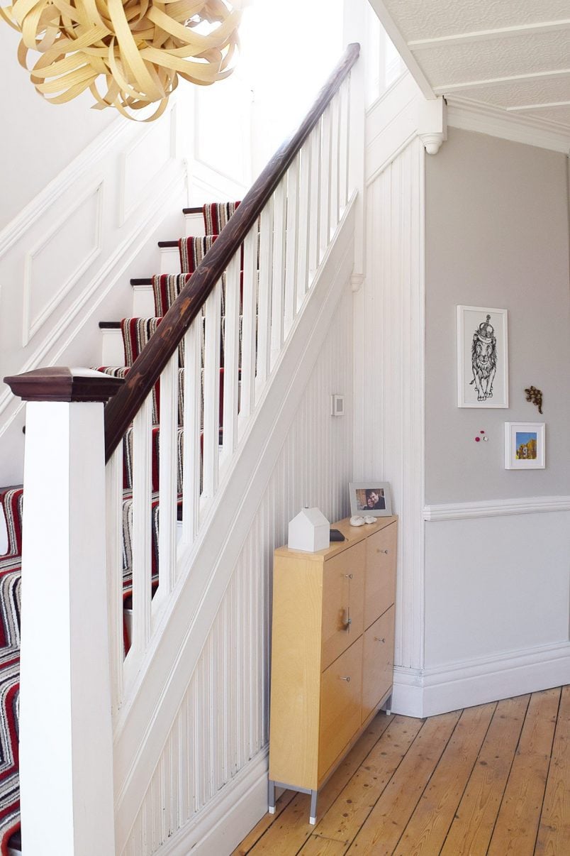Edwardian Hallway with Striped Stair Runner and Cornforth White Walls | Little House On The Corner