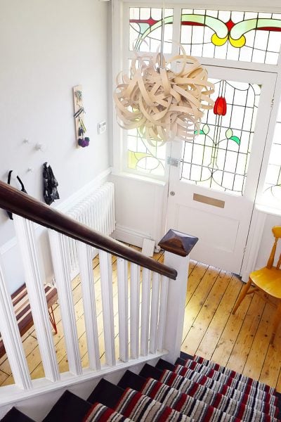 Edwardian Hallway with Striped Stair Runner, Cornforth White Walls & Stained Glass Front Door | Little House On The Corner