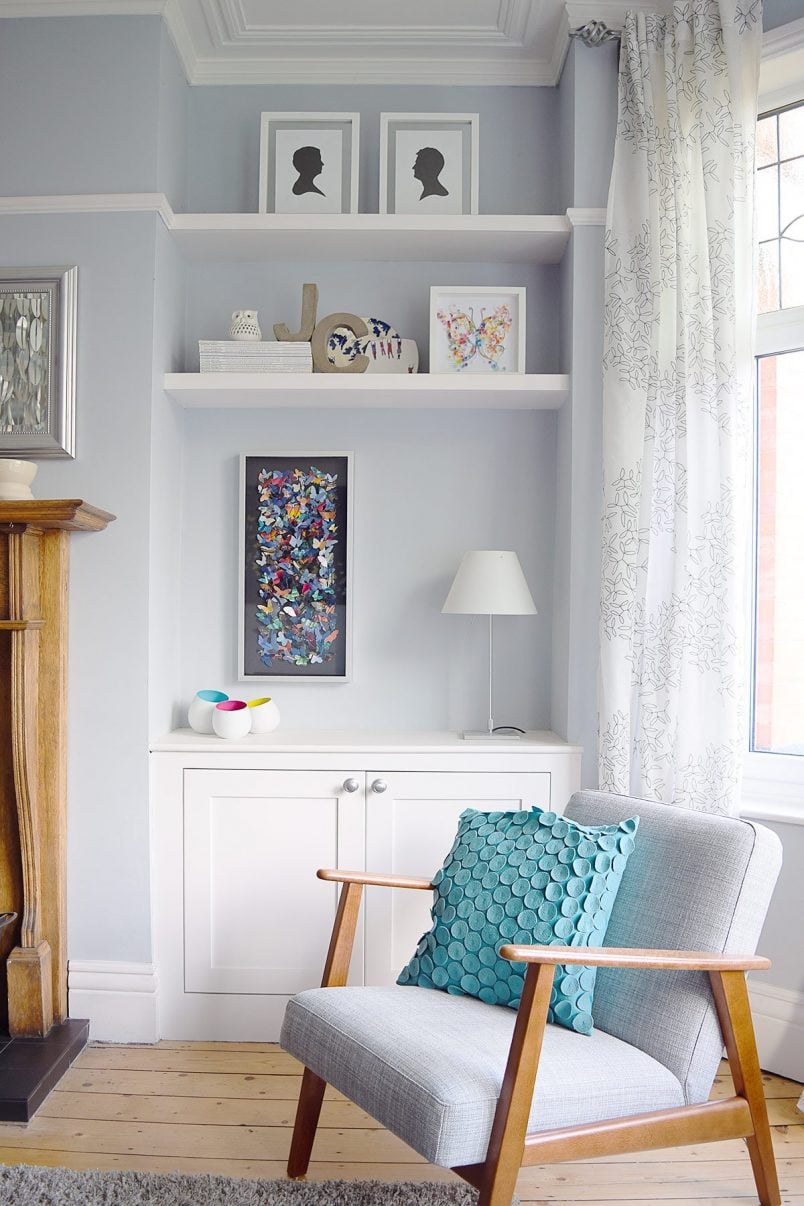 Living Room with Blue Grey Walls and Built-In Alcove Cupboards | Little House On The Corner