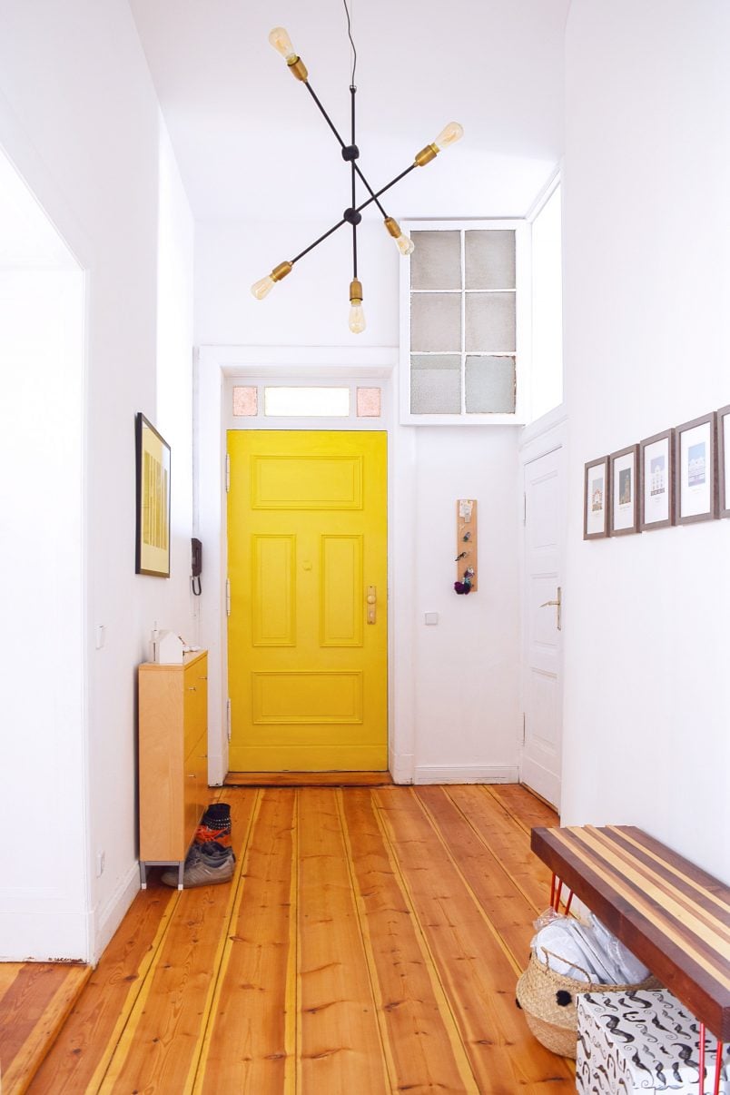Hallway with Yellow Front Door (Babouche by Farrow & Ball) | Little House On The Corner