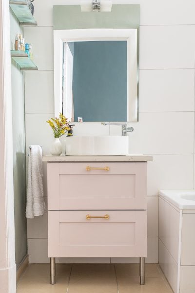 Bathroom Makeover - DIY Concrete Vanity Countertop - Kohler Mica Washbasin & Composed Tap - Pink Vanity Unit - Swarf Hardware | Little House On The Corner