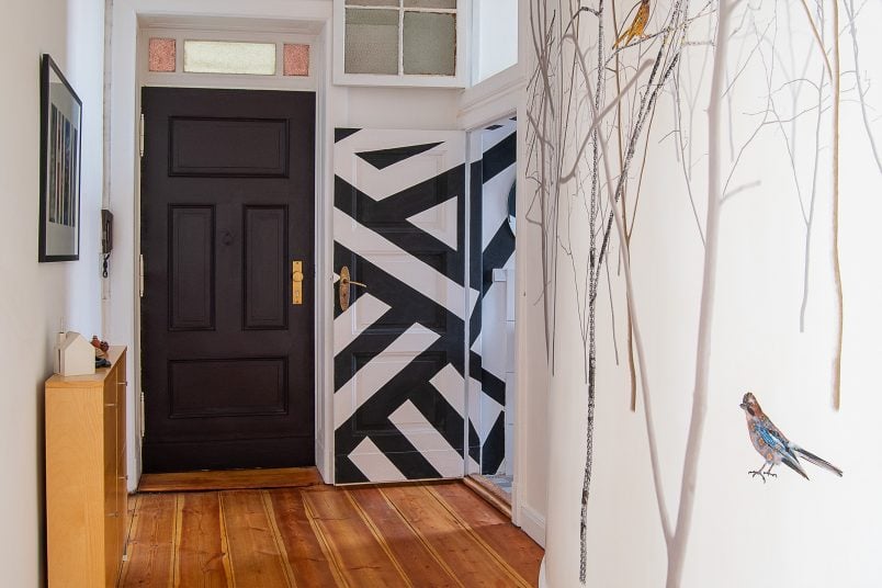 Hallway with Photowall Pattern Jay Mural and Farrow & Ball Paean Black Front Door | Little House On The Corner