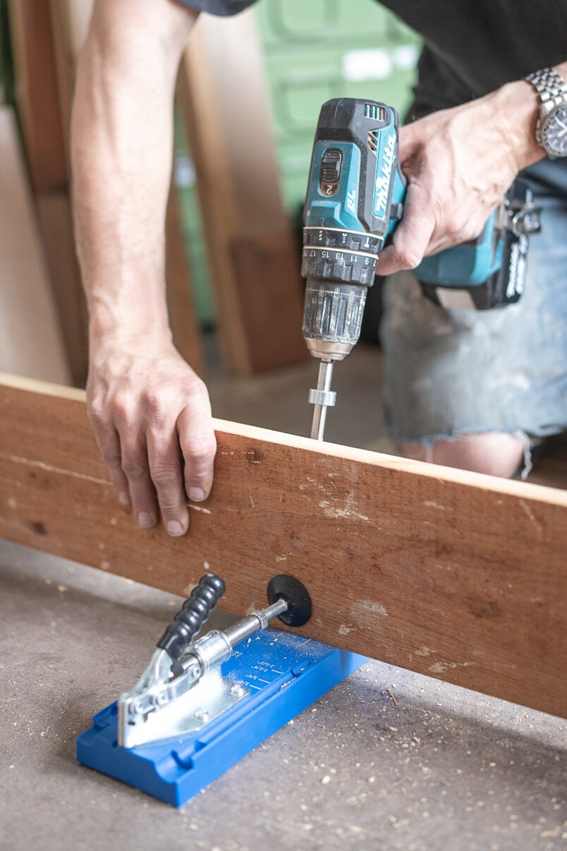 Drilling-pocket-holes-for-diy-console-table top