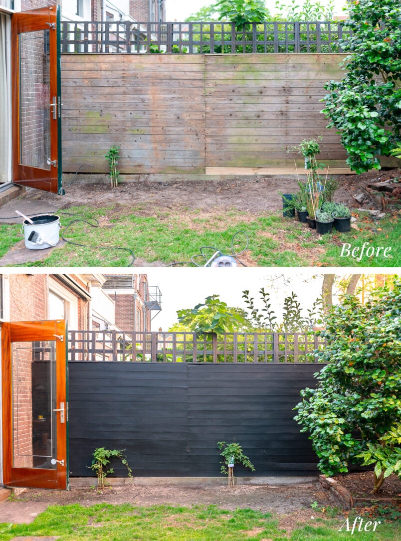 black painted fence before and after