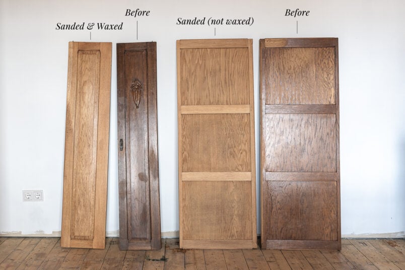 how to lighten dark stained wood - stripping oak wardrobe in progress