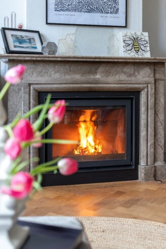 Barbas Bellfires Fireplace built into original marble surround